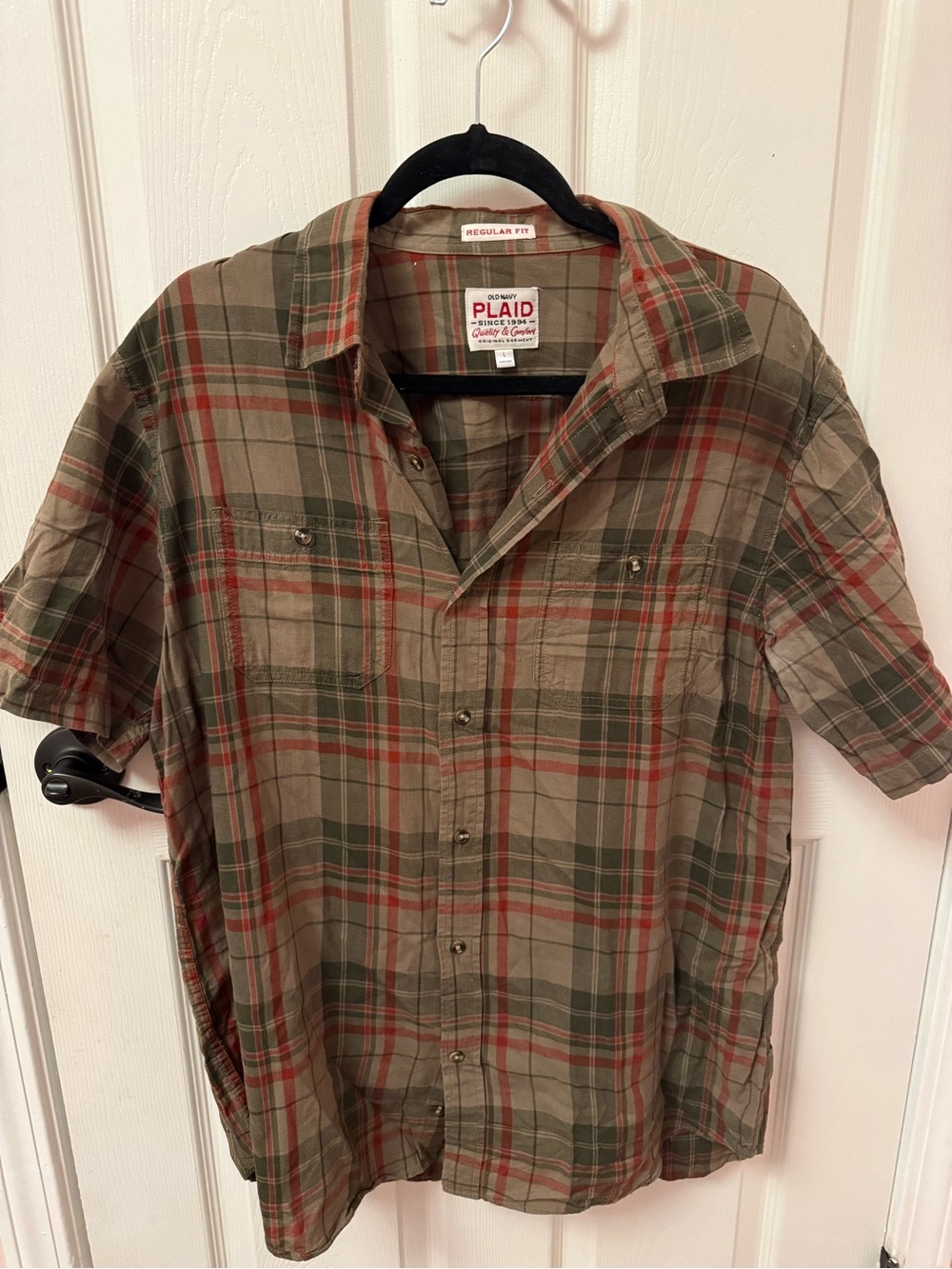 Old Navy Brown, Olive Green & Red Plaid Short-Sleeve Button-Down Shirt